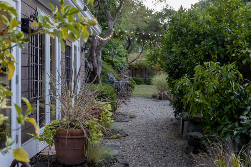 Charming gravel garden path with potted plants and string lights by Montgomery Robbins – intimate backyard landscape design