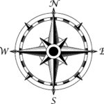 Black and white compass rose illustration representing cardinal directions for Feng Shui and landscape orientation planning by Montgomery Robbins.