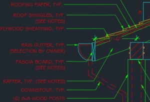 Architectural detail drawing showing roof assembly, fascia board, and gutter system by Montgomery Robbins