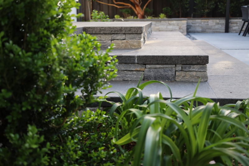 Modern stone patio steps with lush green plantings by Montgomery Robbins