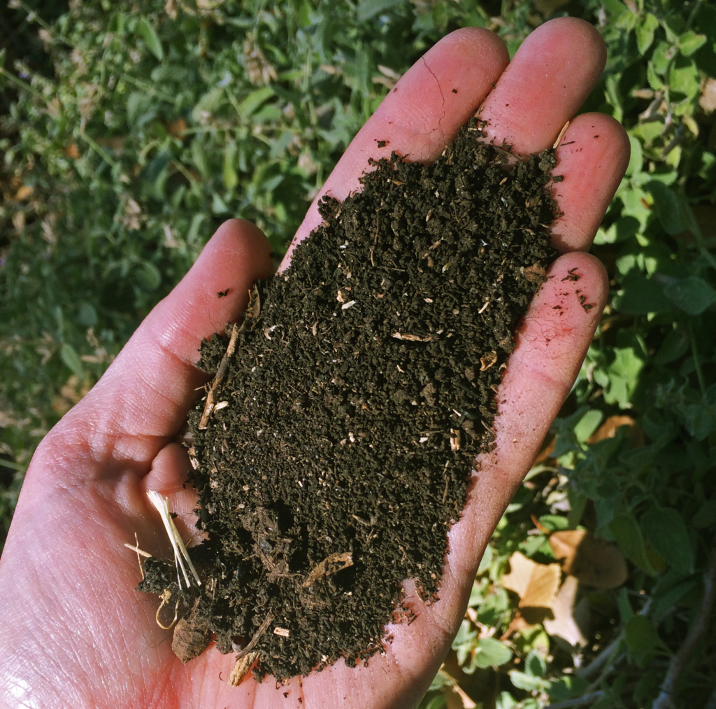 Close-up of nutrient-rich compost soil held in hand, ideal for sustainable landscaping and organic gardening Close-up of nutrient-rich compost soil held in hand, ideal for sustainable landscaping and organic gardening