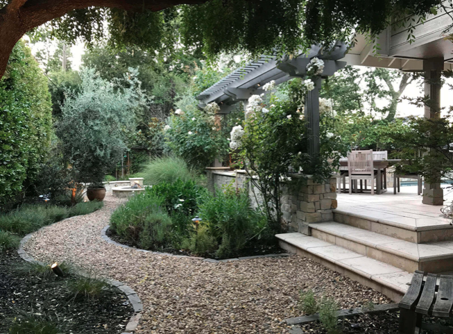 Winding gravel path along a the side of a property with a building Setback