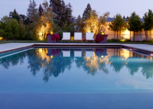 Full-scale pool with Baja shelf reflects lounges, elegant modern planters and landscape lighting