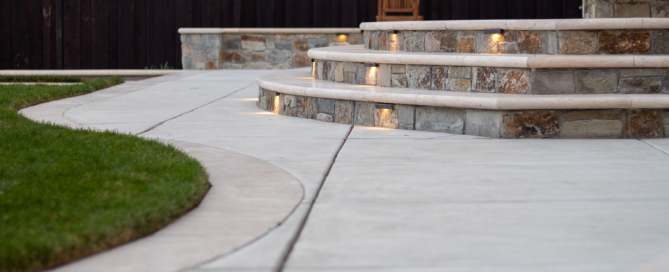 Elegant curved geometry in steps, patio and lawn