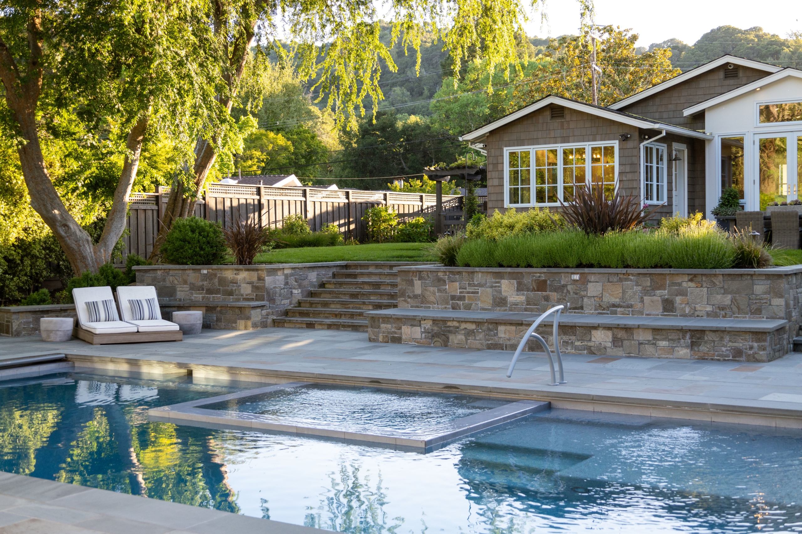 Inviting outdoor seating overlooks the East Bay hills