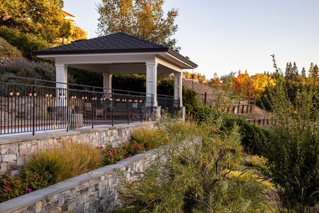 Hillside landscape design with a gravel path winding through layered plantings and a tree-lined privacy screen, guiding circulation across a sloped Bay Area property.